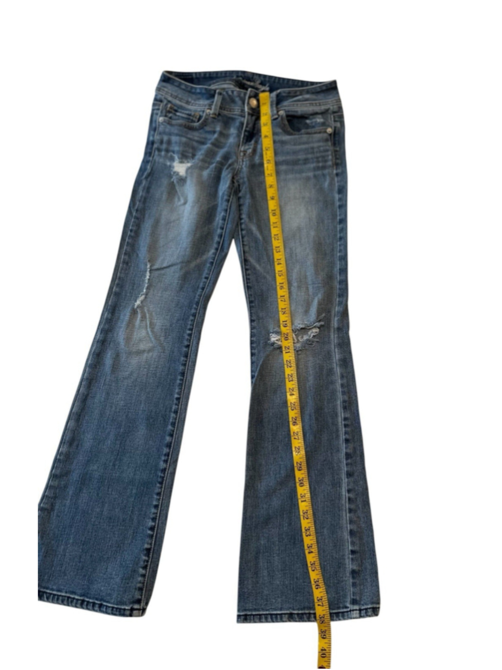 American Eagle Bootcut Jeans Low Rise Women 4 Blue Stretch Distressed Destructed - Picture 15 of 16